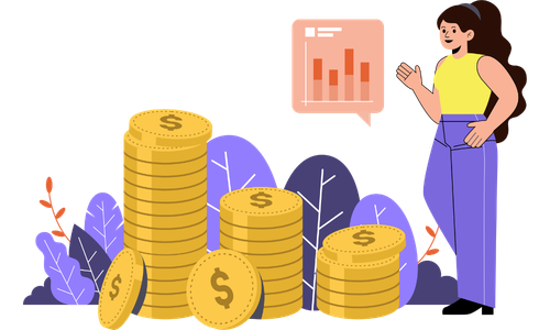 Illustration of a woman in a yellow top presenting a bar chart beside three stacks of gold dollar coins and purple foliage